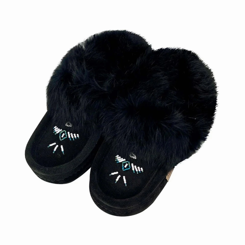 Women's Rabbit Fur Thunderbird Beaded Moccasins Black Sleek Look
