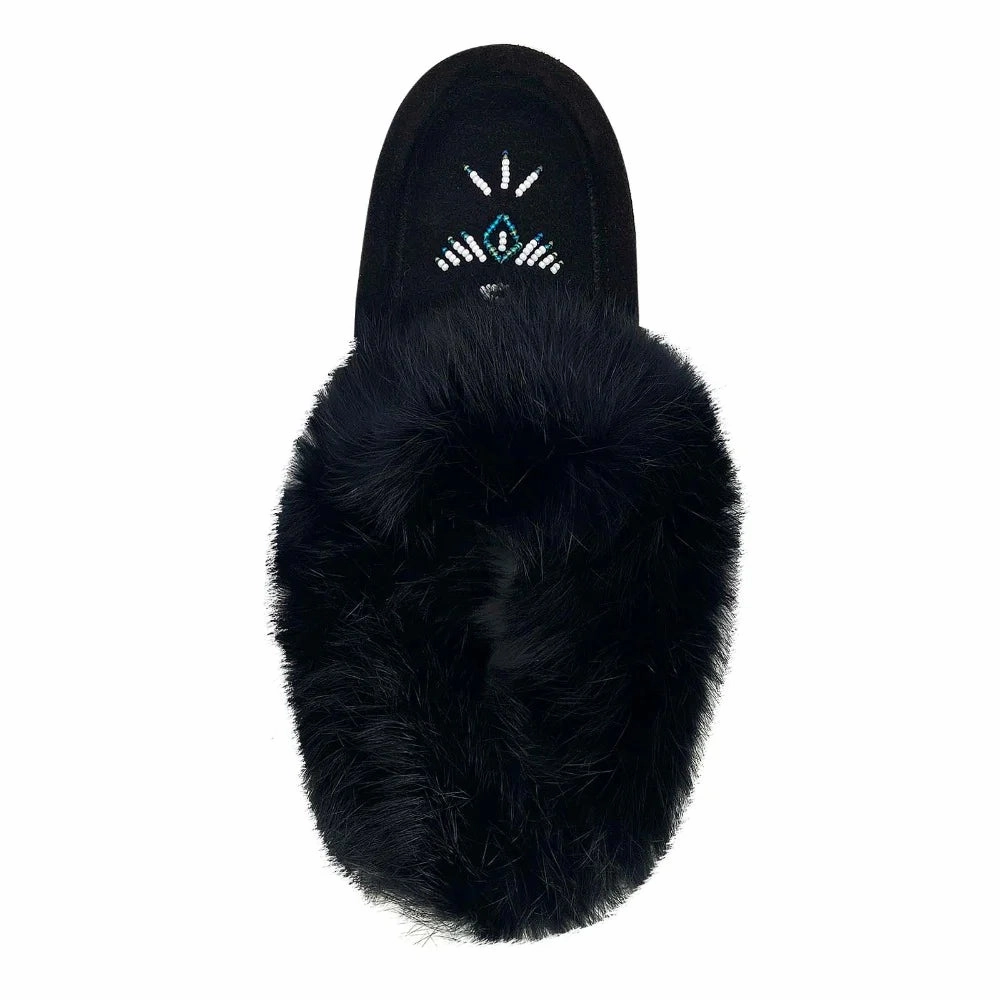 Women's Rabbit Fur Thunderbird Beaded Moccasins Black Comfy Footstep