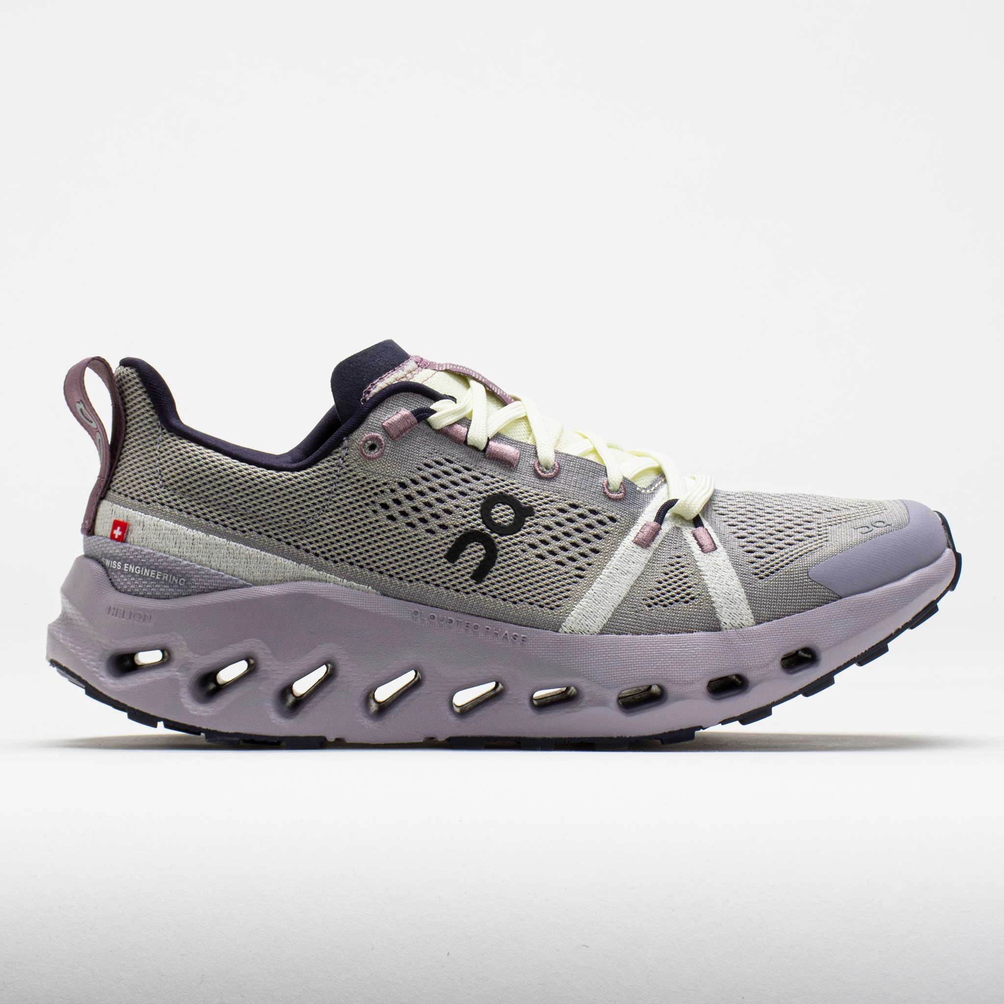 On Cloudsurfer Trail Women's  Seedling/Lilac running with a gum rubber outsole running on a gravel track shoes
