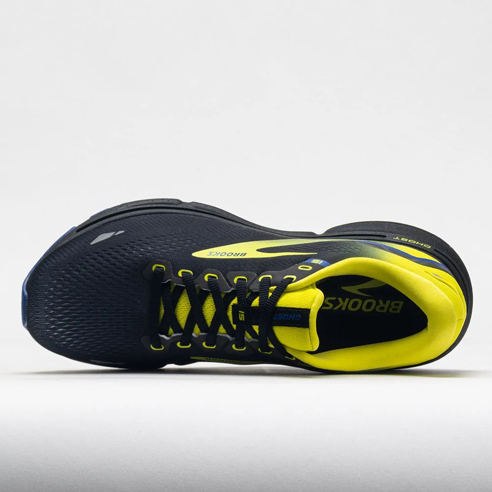 Brooks Ghost 15 Men's  Black/Nightlife/Blue running in a swamp area shoes