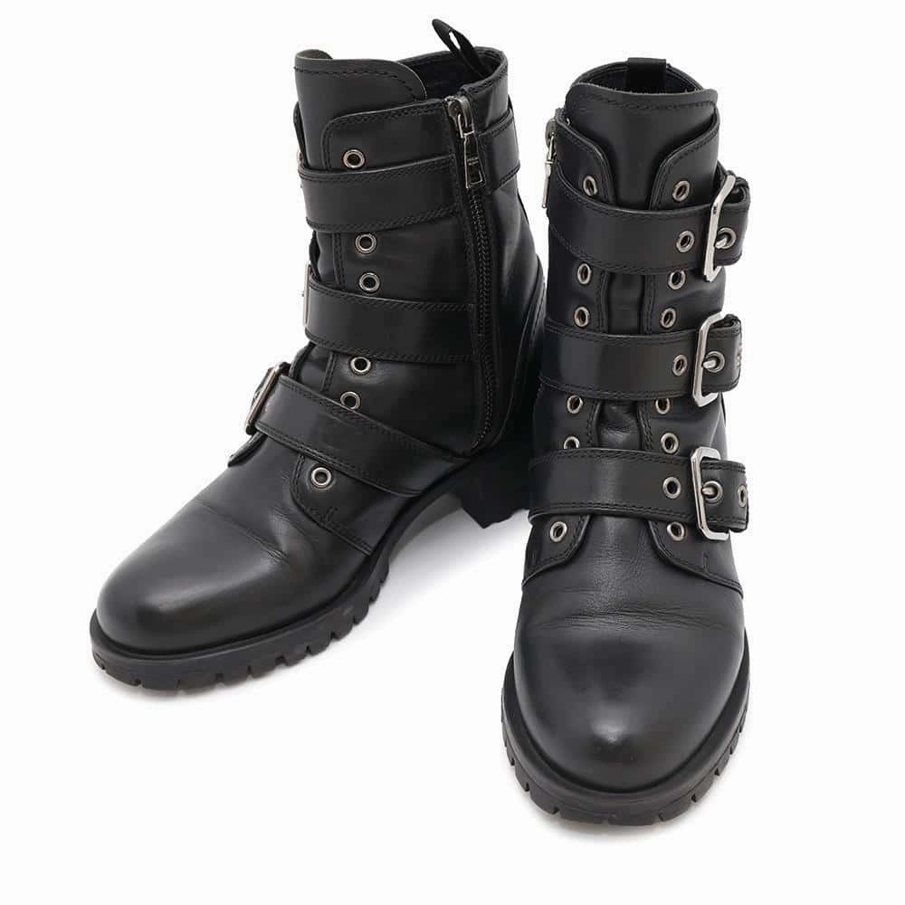 PRADA 3Belt Boots Black Leather Size 37.5 Cool Seasons