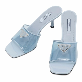 Silent Footwear Balanced Step Feel PRADA open toe clear mules Blue1XX644 Leather PVC Coated Canvas Size 36 1/2
