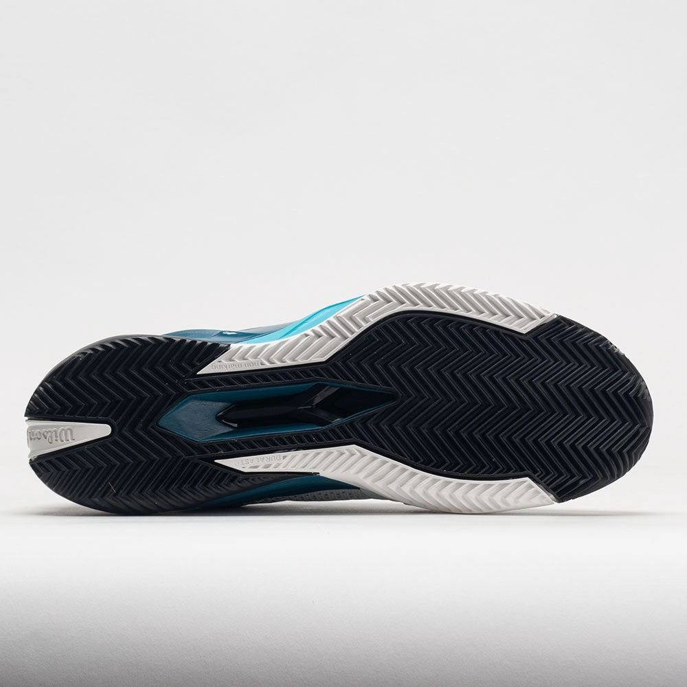 Wilson Rush Pro 4.0 Clay Men's  White/Blue Coral/Blue Atoll running on a treadmill at the gym shoes