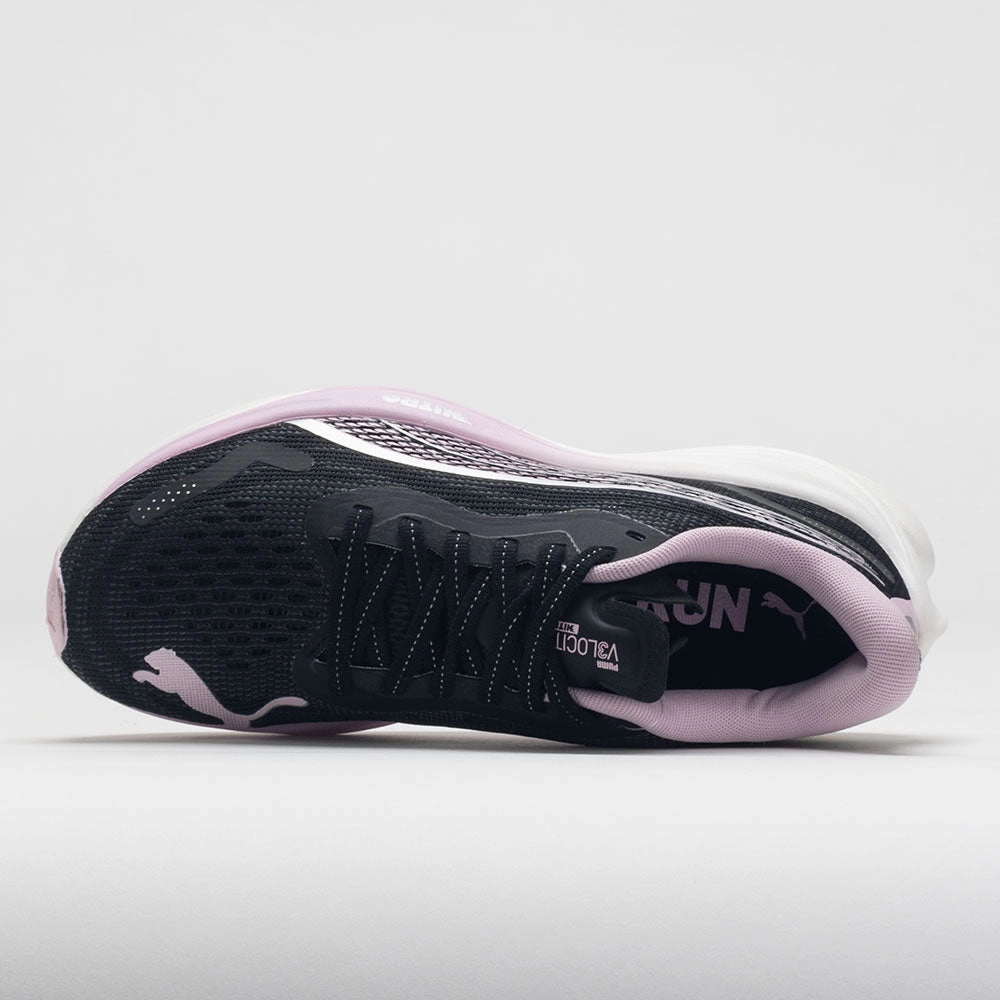 Professional athlete running in a steel bridge area shoes Puma Velocity Nitro 3 Women's  Black/Silver/Grape Mist