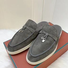 Loro Piana Summer Charms Play Mules in Grey Suede and SHW Sz 36.5 Effortless Look