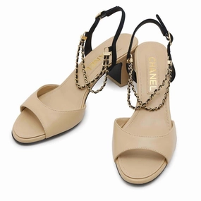 CHANEL Double Chain EncreStrap Heel Sandals Beige/BlackG45094 Leather Size 35H rubber Flexible Summer Sandals