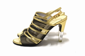 Chanel Gold Leather and Black Mesh Lucite Heel Sandals Size 38 Quick Dry Shoes