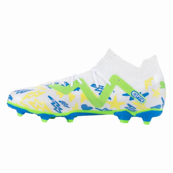 Puma Future Match NJR FG/AG Junior Soccer Cleat - White/Racing Blue/Lemon Meringue/Parakeet Green Defender Fit Field Sprint
