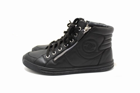 Travel Comfort TPU Heel Counter Chanel Black Leather CC Zip Link High Top Sneakers Size 37