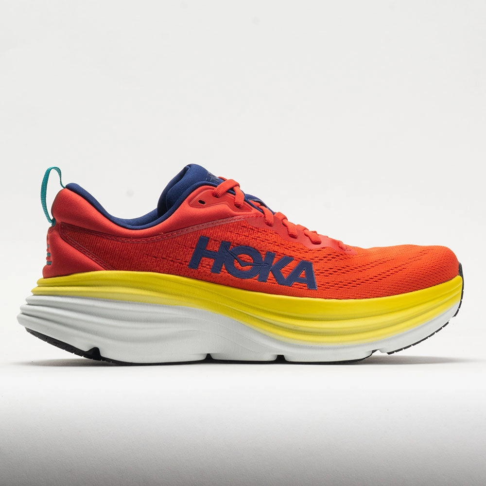 HOKA Bondi 8 Men's  Red Alert/Flame running in a jungle area shoes Comfort Shock
