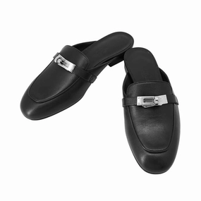 Calm Look Entryway Slip On HERMES Oz Mule Black Leather Size 34H 1/2