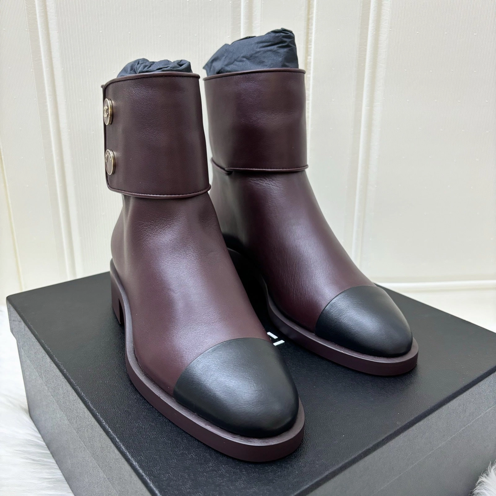 Hard Wear Rough Ground Chanel Ankle Boots in Burgundy Calf Leather and Black Tip Sz 38