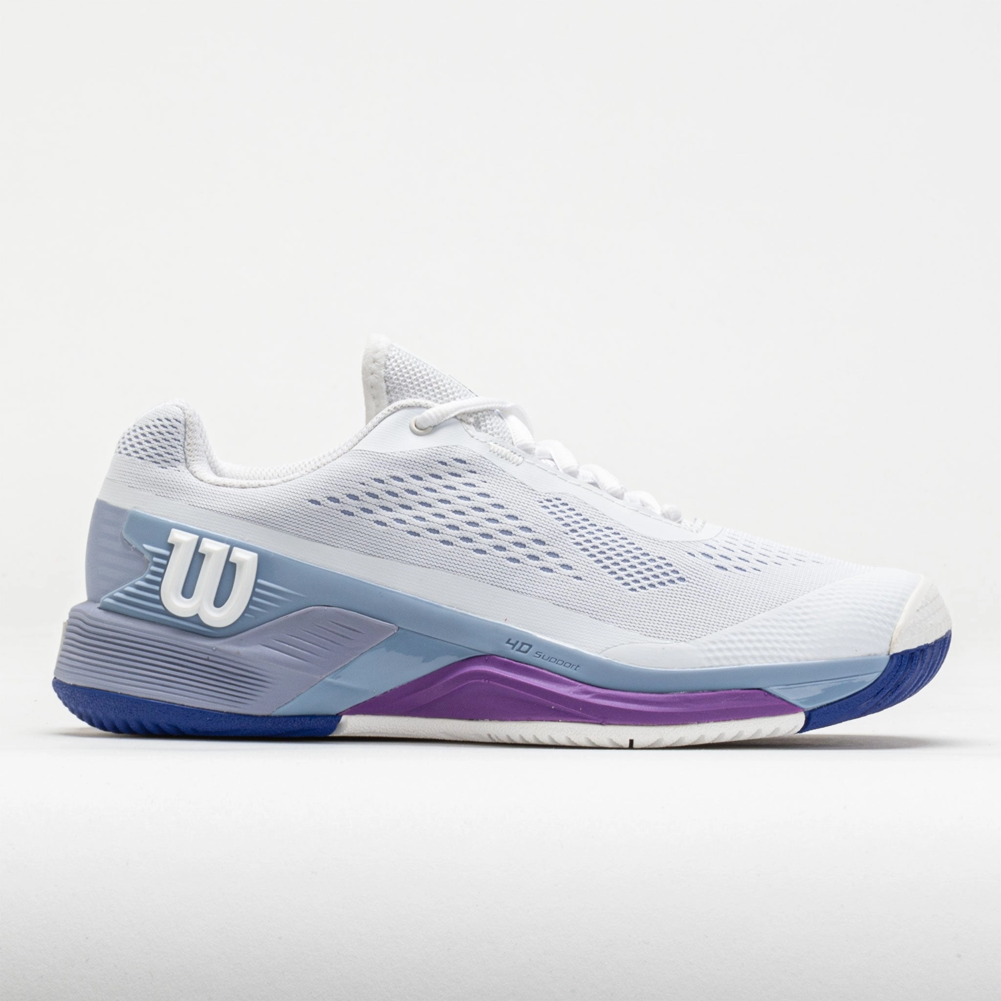 running for a way to stay in control Wilson Rush Pro 4.0 Women's  White/Eventide/Royal Lilac