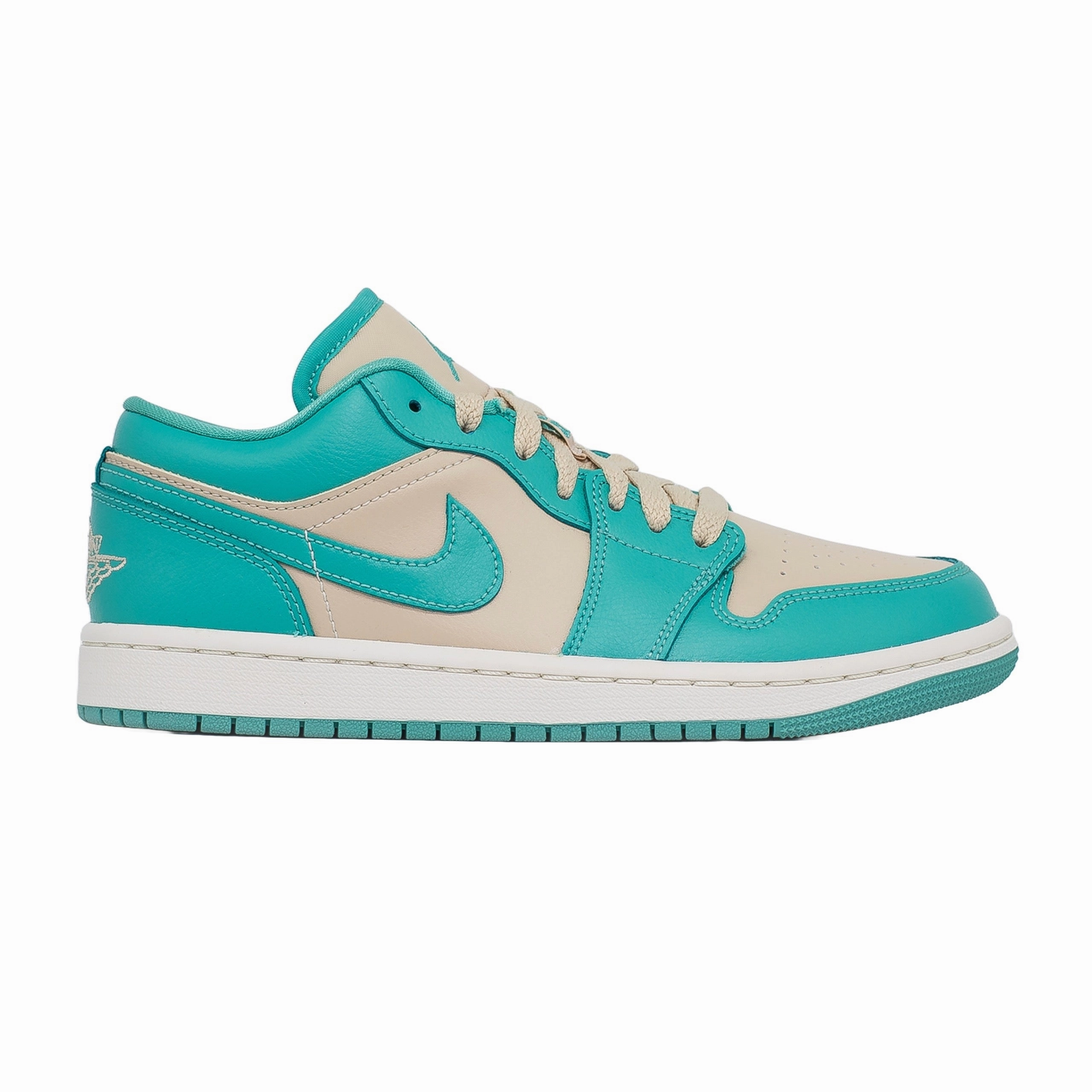 Women's Air Jordan 1 Low, Tropical Teal Sandy Beige running on asphalt shoes