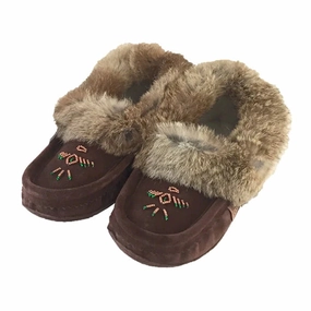 Women's Rabbit Fur Thunderbird Beaded Moccasins Chocolate Holiday Shoes Performance Fit