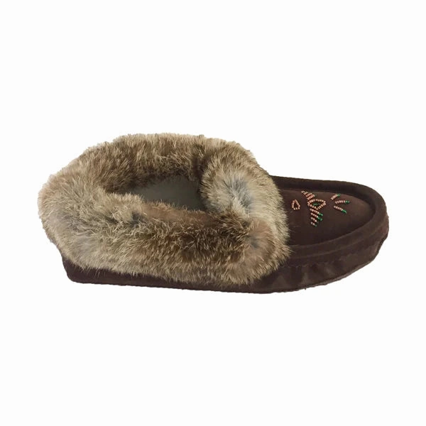 Women's Rabbit Fur Thunderbird Beaded Moccasins Chocolate Fashionable Slides Comfortable Footbed