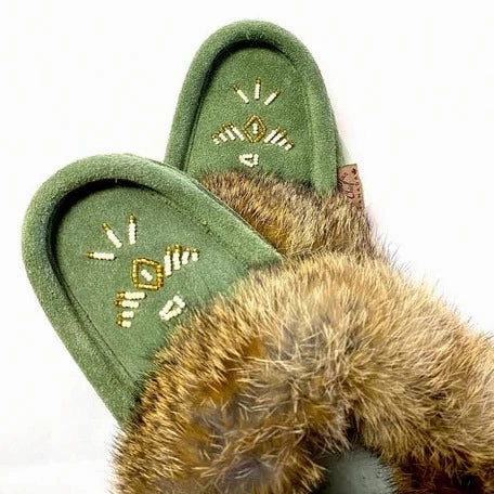 Cold resistant Women's Rabbit Fur Thunderbird Beaded Moccasins Forest Green