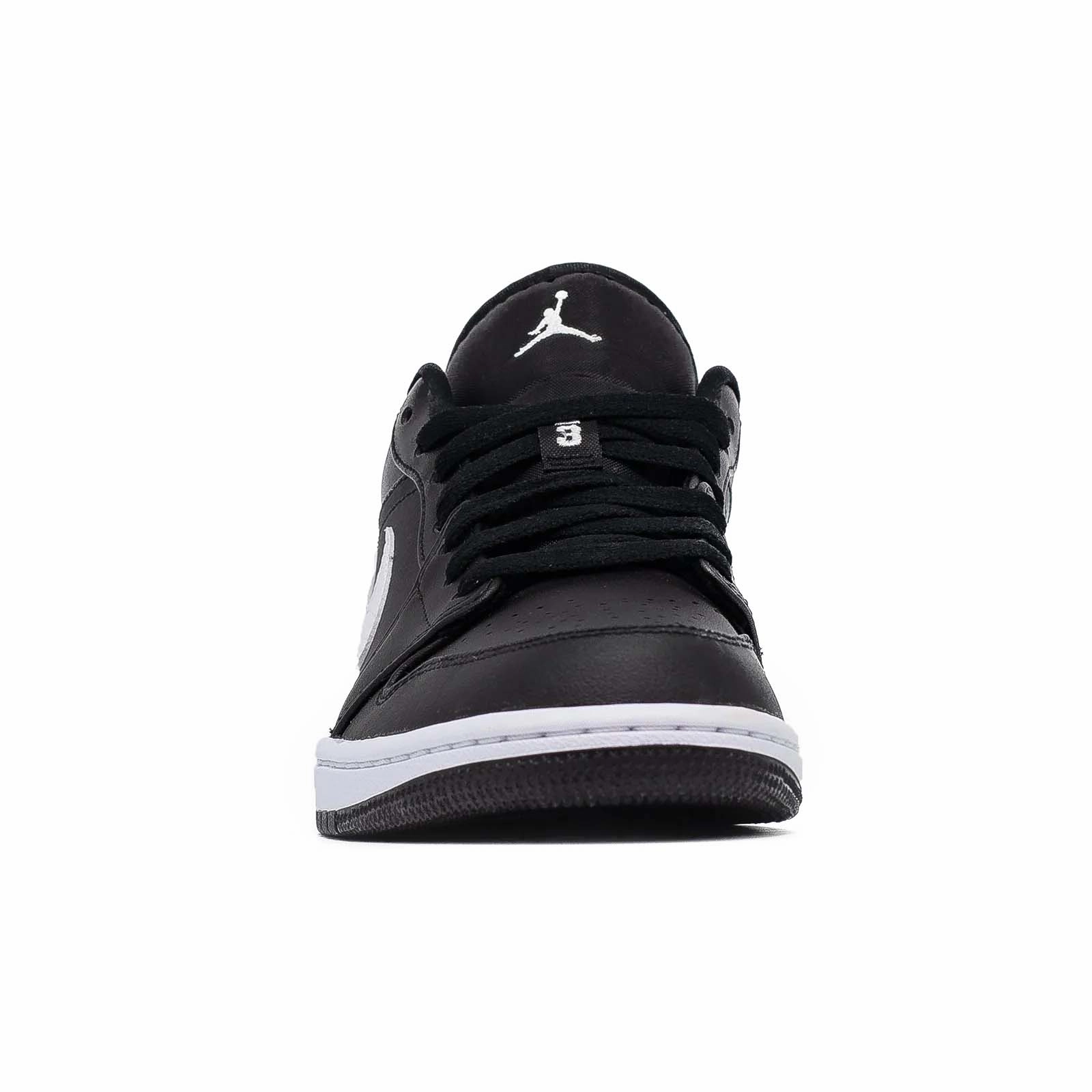 Women's Air Jordan 1 Low, Black monochromatic shoe look biomechanically - correct
